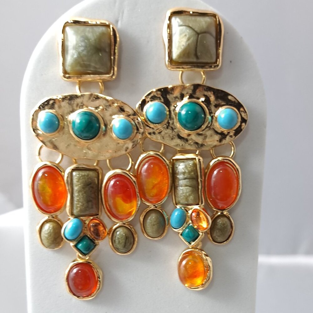 NWOT Bohemian Copper Gold Dangle Earrings with Multi-colored Stones